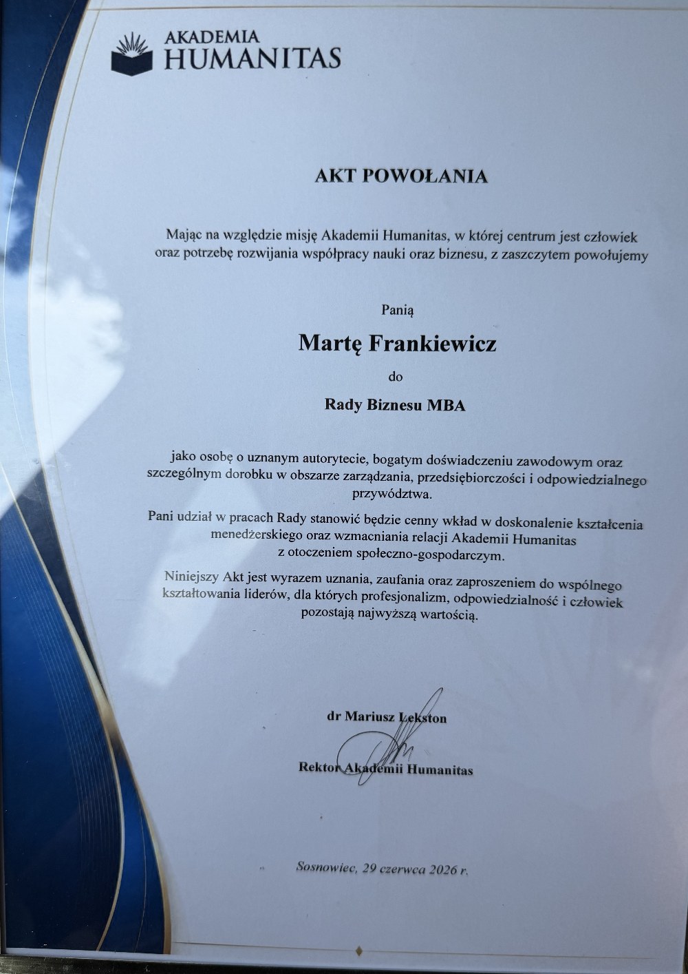 Akt powołania adw. Marty Frankiewicz do Rady Biznesu MBA